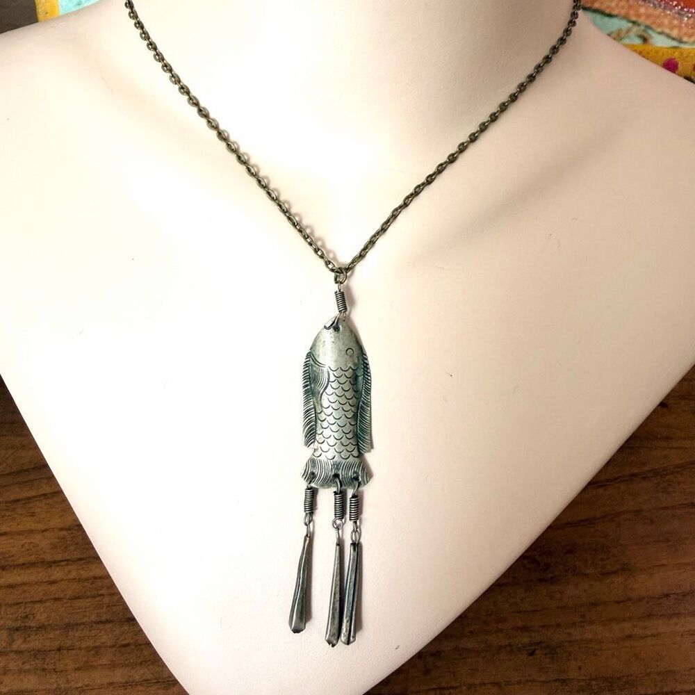 Vintage Engraved Fish Pendant Necklace Articulated Dangles Silver Tone